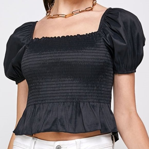 Tops - PUFFED SLEEVE BLOUSE - BLACK